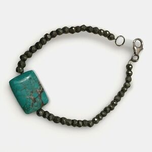 Turquoise & Pyrite Beaded Bracelets Handmade Sterling Silver Lobster Clasp 6.25